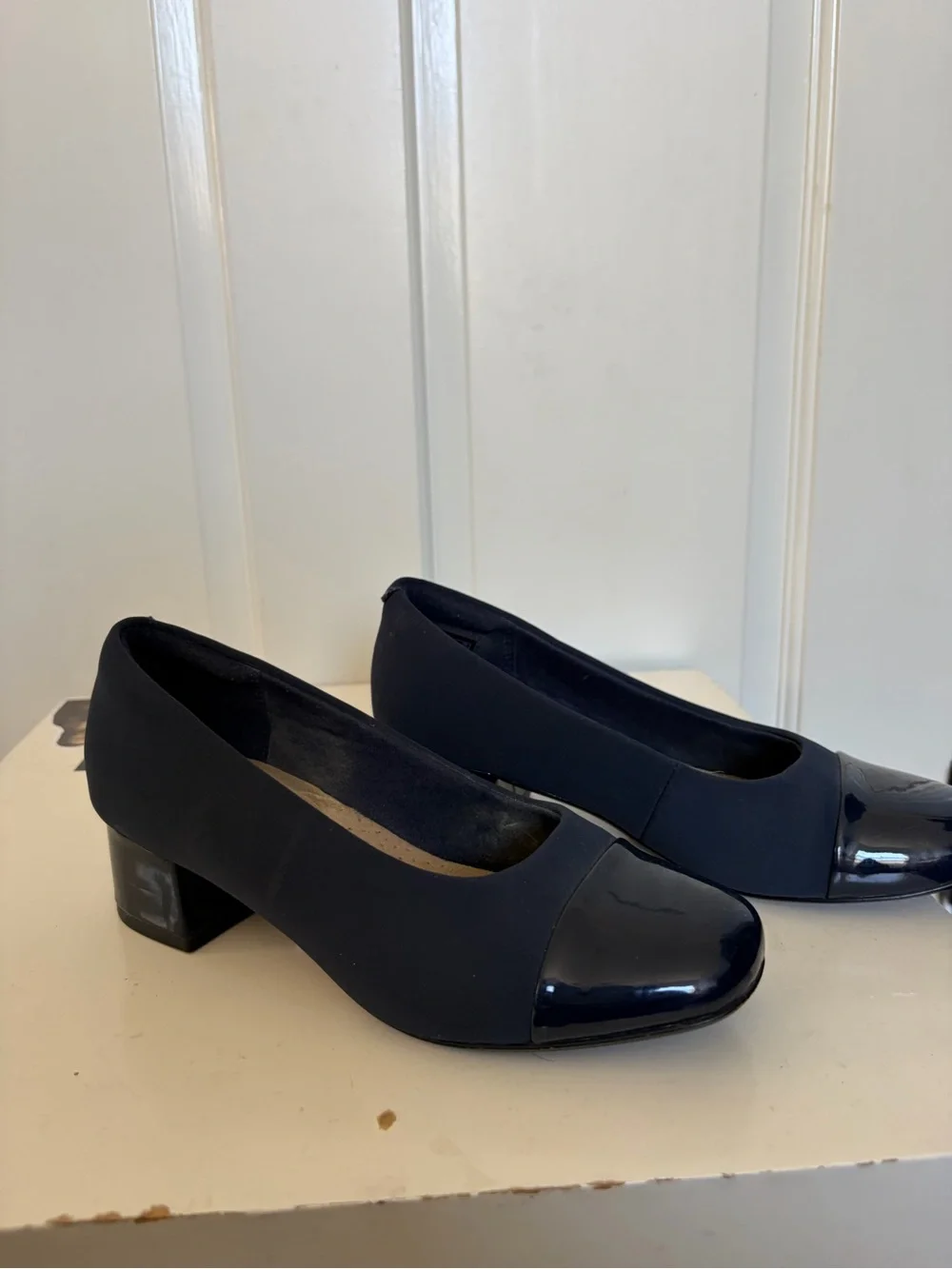 Clarks Navy Two-Tone Block Kitten Heels